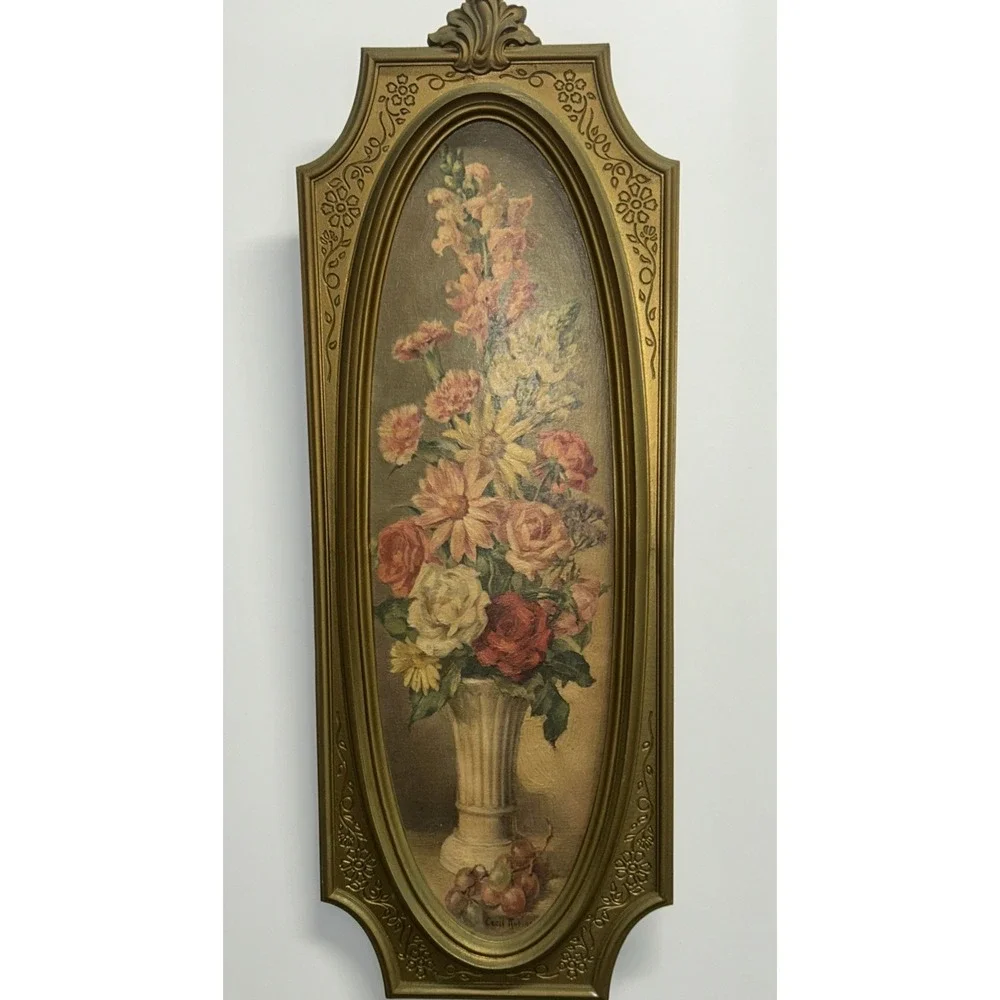 Pair of 1964 Florentine Gardens Vtg Floral Wall Art by Cecil Rubino - Gold Frame
